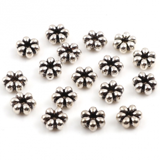 Picture of Zinc Based Alloy Spacer Beads Flower Antique Silver Color About 6mm x 5.5mm, Hole: Approx 1.3mm, 300 PCs