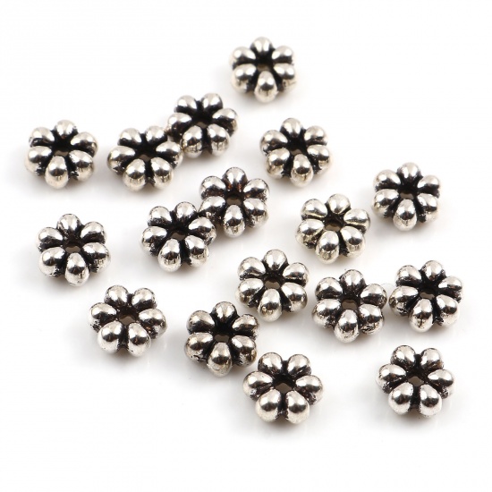 Picture of Zinc Based Alloy Spacer Beads Flower Antique Silver Color About 6mm x 5.5mm, Hole: Approx 1.3mm, 300 PCs