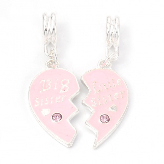 Picture of Zinc Metal Alloy European Style Large Hole Charm Dangle Beads Broken Heart Silver Plated Message " Big Sister & Little Sister " Carved Pink Enamel Clear Rhinestone 3.7cm x1.2cm 3.3cm x1cm, 1 Set