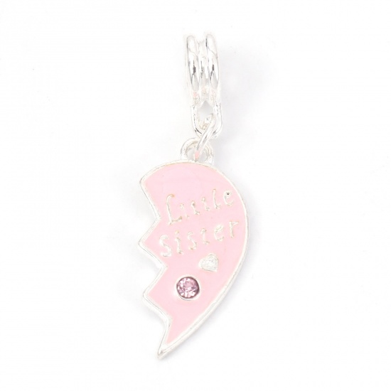 Picture of Zinc Metal Alloy European Style Large Hole Charm Dangle Beads Broken Heart Silver Plated Message " Big Sister & Little Sister " Carved Pink Enamel Clear Rhinestone 3.7cm x1.2cm 3.3cm x1cm, 1 Set