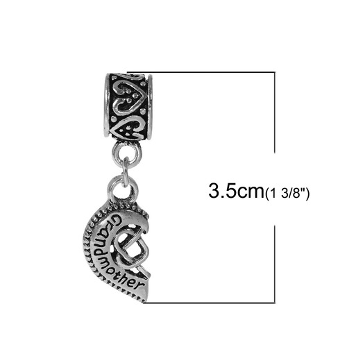 Picture of Zinc Based Alloy European Style Large Hole Charm Dangle Beads Broken Heart Antique Silver Message " Grandmother & Granddaughter " Carved Hollow 35mm(1 3/8") x 11mm( 3/8"), 1 Set