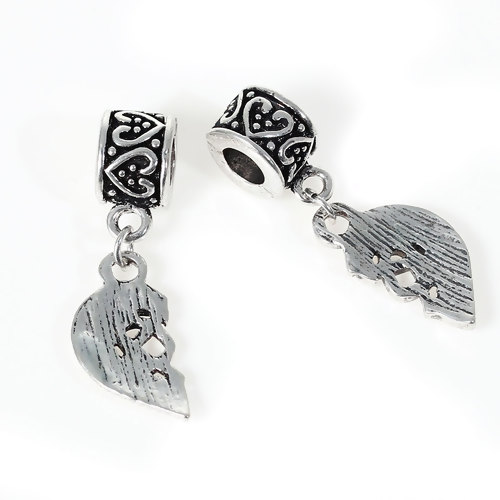 Picture of Zinc Based Alloy European Style Large Hole Charm Dangle Beads Broken Heart Antique Silver Message " Grandmother & Granddaughter " Carved Hollow 35mm(1 3/8") x 11mm( 3/8"), 1 Set