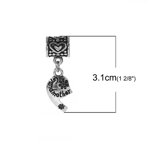 Picture of Zinc Based Alloy European Style Large Hole Charm Dangle Beads Broken Heart Antique Silver Flower Message " Grandmother & Granddaughter " Carved 31mm(1 2/8") x 11mm( 3/8"), 1 Set
