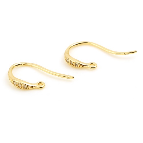 Picture of Brass Ear Wire Hooks Earring 18K Real Gold Plated U-shaped W/ Loop Clear Rhinestone 16mm x 11mm, Post/ Wire Size: (21 gauge), 2 PCs                                                                                                                           