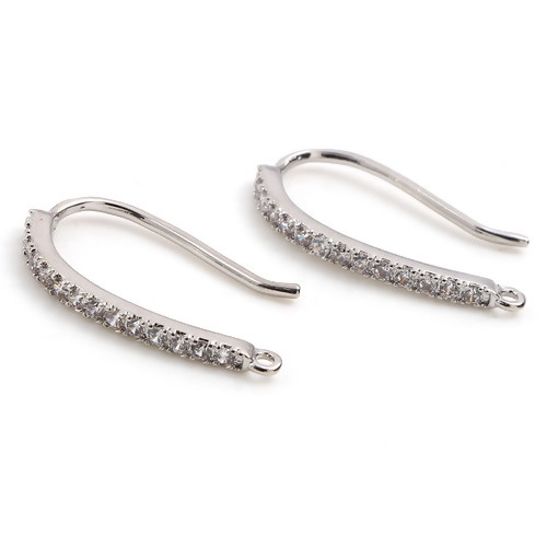 Picture of Copper Micro Pave Ear Wire Hooks Earring Real Platinum Plated U-shaped W/ Loop Clear Rhinestone 20mm x 13mm, Post/ Wire Size: (18 gauge), 2 PCs