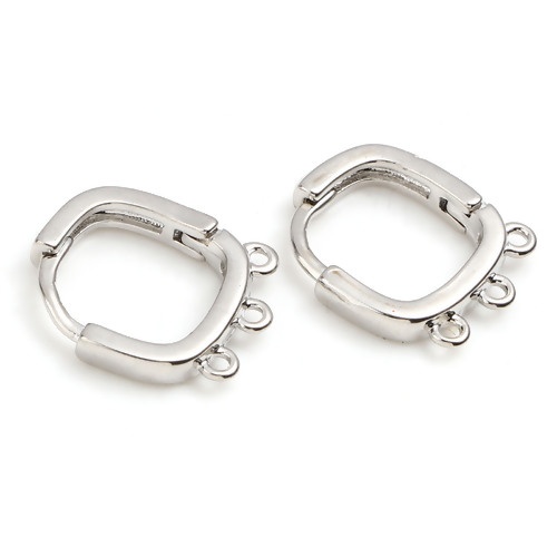 Picture of Brass Hoop Earrings Real Platinum Plated Geometric W/ Loop 14mm x 13mm, Post/ Wire Size: (18 gauge), 2 PCs