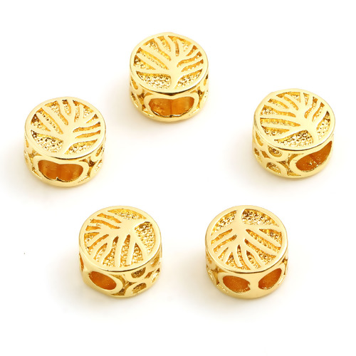 Picture of Brass Beads 18K Real Gold Plated Round Tree of Life About 8.5mm Dia, Hole: Approx 2.8mm, 5 PCs                                                                                                                                                                