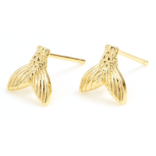 Picture of Brass Ear Post Stud Earrings 18K Real Gold Plated Fishtail W/ Loop 10mm x 10mm, Post/ Wire Size: (21 gauge), 2 PCs                                                                                                                                            