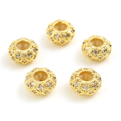 Picture of Brass Slider Clasp Beads 18K Real Gold Plated Round Clear Rhinestone About 8mm Dia, Hole: Approx 1.5mm, 1 Piece                                                                                                                                               