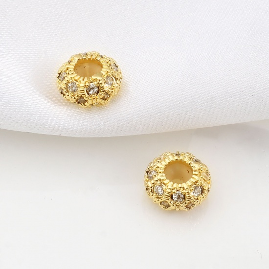 Picture of Brass Slider Clasp Beads 18K Real Gold Plated Round Clear Rhinestone About 8mm Dia, Hole: Approx 1.5mm, 1 Piece                                                                                                                                               
