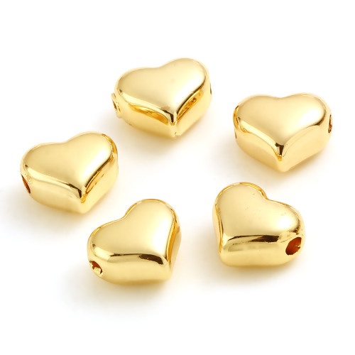 Picture of Brass Valentine's Day Beads 18K Real Gold Plated Heart About 11mm x 9mm, Hole: Approx 2.2mm, 2 PCs                                                                                                                                                            