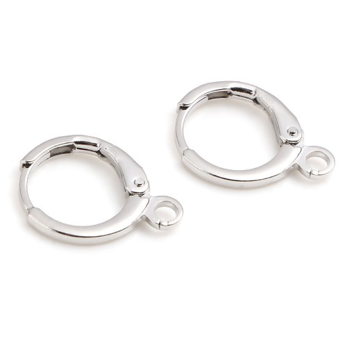 Picture of Brass Hoop Earrings Real Platinum Plated Round W/ Loop 15mm x 11mm, Post/ Wire Size: (18 gauge), 6 PCs