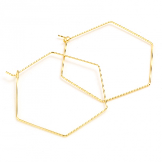 Picture of Brass Hoop Earrings 18K Real Gold Plated Hexagon 50mm x 42mm, Post/ Wire Size: (19 gauge), 10 PCs