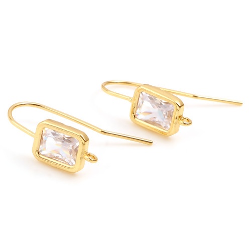 Picture of Brass Ear Wire Hooks Earring 18K Real Gold Plated Rectangle W/ Loop Clear Rhinestone 22mm x 7mm, Post/ Wire Size: (21 gauge), 2 PCs                                                                                                                           