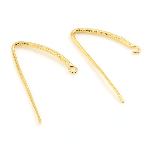Picture of Brass Ear Wire Hooks Earring 18K Real Gold Plated V Shape W/ Loop 24mm x 13mm, Post/ Wire Size: (21 gauge), 10 PCs                                                                                                                                            