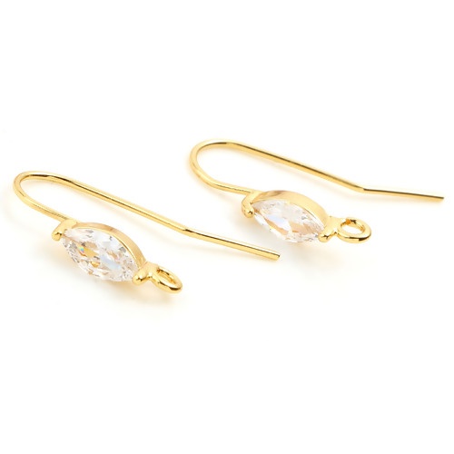 Picture of Brass Ear Wire Hooks Earring 18K Real Gold Plated Marquise W/ Loop Clear Rhinestone 20mm x 4mm, Post/ Wire Size: (21 gauge), 2 PCs                                                                                                                            