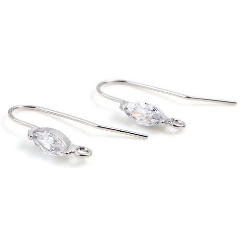 Picture of Brass Ear Wire Hooks Earring Real Platinum Plated Marquise W/ Loop Clear Rhinestone 20mm x 4mm, Post/ Wire Size: (21 gauge), 2 PCs                                                                                                                            