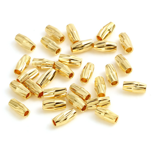 Picture of Brass Beads 18K Real Gold Plated Cylinder Faceted About 6mm x 3mm, Hole: Approx 1.6mm, 10 PCs                                                                                                                                                                 
