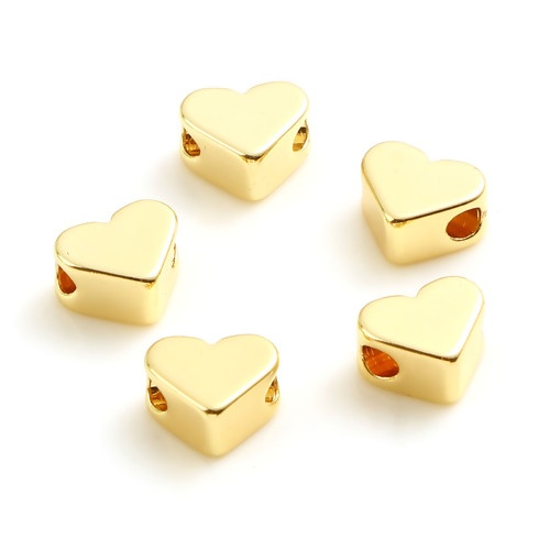 Picture of Brass Valentine's Day Beads 18K Real Gold Plated Heart About 6mm x 5mm, Hole: Approx 1.6mm, 10 PCs                                                                                                                                                            