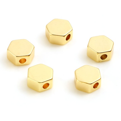 Picture of Brass Beads 18K Real Gold Plated Hexagon About 7mm x 6mm, Hole: Approx 1.7mm, 10 PCs                                                                                                                                                                          