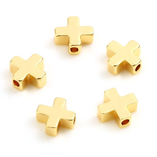 Picture of Brass Beads 18K Real Gold Plated Cross About 8mm x 8mm, Hole: Approx 1.6mm, 10 PCs                                                                                                                                                                            