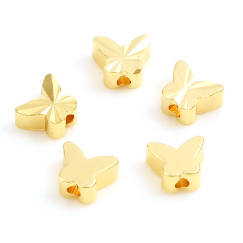 Picture of Brass Insect Beads 18K Real Gold Plated Butterfly Animal About 6mm x 5mm, Hole: Approx 1.3mm, 10 PCs                                                                                                                                                          