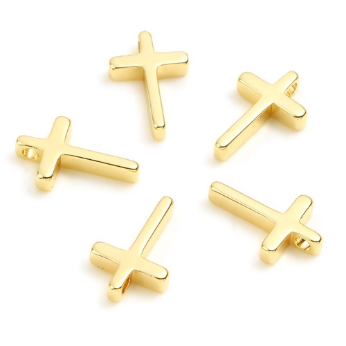 Picture of Brass Religious Beads 18K Real Gold Plated Cross About 13mm x 8mm, Hole: Approx 1.7mm, 5 PCs                                                                                                                                                                  