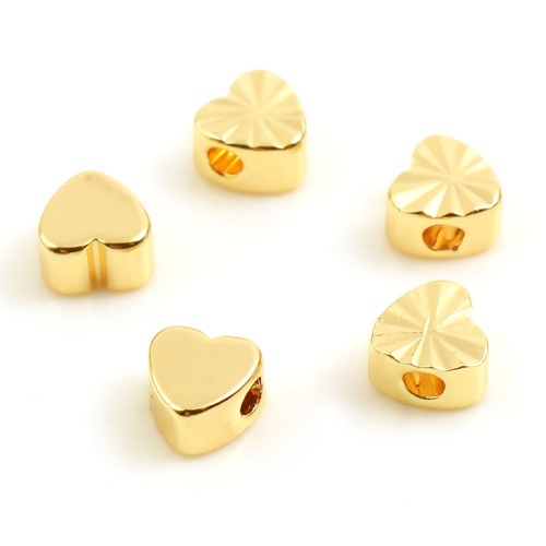 Picture of Brass Valentine's Day Beads 18K Real Gold Plated Heart Carved Pattern About 5mm x 5mm, Hole: Approx 1.7mm, 10 PCs                                                                                                                                             