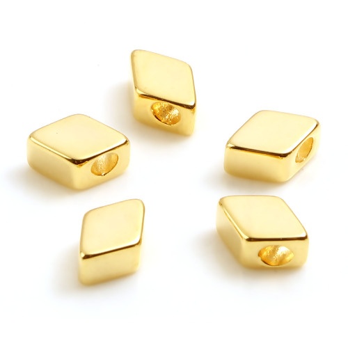 Picture of Brass Beads 18K Real Gold Plated Rhombus About 7mm x 4mm, Hole: Approx 1.7mm, 10 PCs                                                                                                                                                                          
