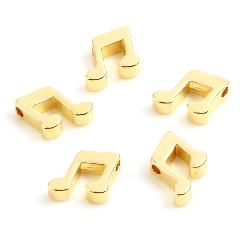 Picture of Brass Music Beads 18K Real Gold Plated Musical Note About 9mm x 8mm, Hole: Approx 1.8mm, 10 PCs                                                                                                                                                               