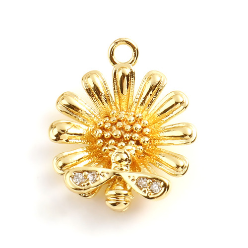 Picture of Brass Charms Daisy Flower 18K Real Gold Plated Bee Clear Rhinestone 17mm x 13.5mm, 2 PCs                                                                                                                                                                      