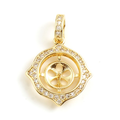 Picture of Brass Micro Pave Pearl Pendant Connector Bail Pin Cap 18K Real Gold Plated Irregular Needle Thickness: 0.8mm, Clear Cubic Zirconia 26mm x 18mm, 1 Piece