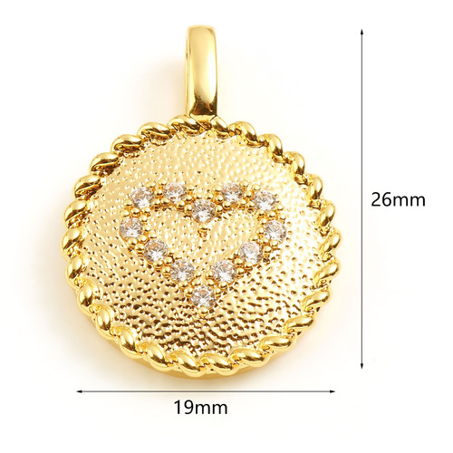 Immagine di Ottone San Valentino Charms Tondo 18K Vero Oro Placcato Cuore Micro Spianare Trasparente Strass 26mm x 19mm, 1 Pz