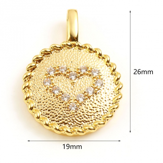 Immagine di Ottone San Valentino Charms Tondo 18K Vero Oro Placcato Cuore Micro Spianare Trasparente Strass 26mm x 19mm, 1 Pz
