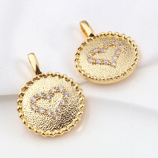 Immagine di Ottone San Valentino Charms Tondo 18K Vero Oro Placcato Cuore Micro Spianare Trasparente Strass 26mm x 19mm, 1 Pz