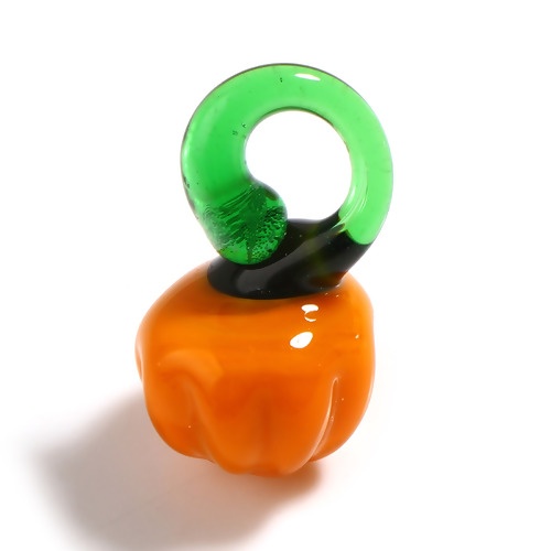 Picture of Lampwork Glass Charms Green & Orange Pumpkin 20mm x 12mm, 10 PCs
