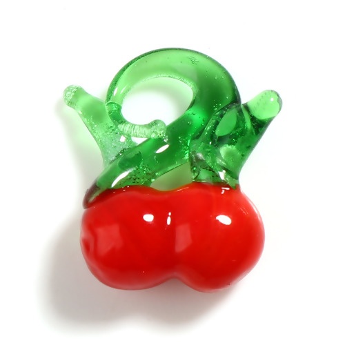 Picture of Lampwork Glass Charms Red & Green Cherry Fruit 20mm x 18mm, 10 PCs