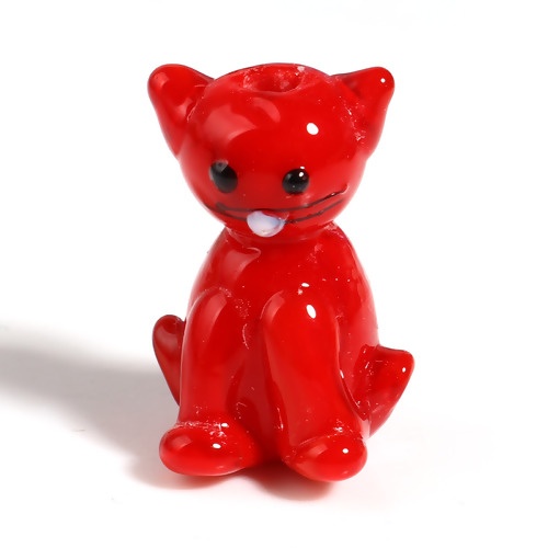 Picture of Lampwork Glass Beads Cat Animal Red About 24mm x 14mm - 23mm x 13mm, Hole: Approx 2.5mm-1.4mm, 1 Piece