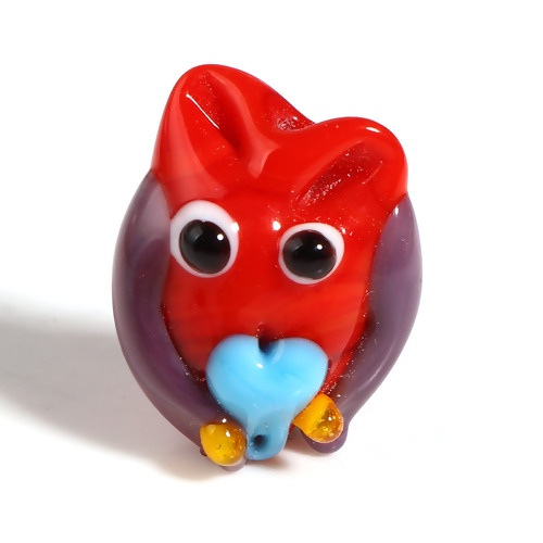 Picture of Lampwork Glass Beads Owl Animal Red & Purple About 20mm x 15mm - 17mm x 14mm, Hole: Approx 2.2mm-1mm, 1 Piece