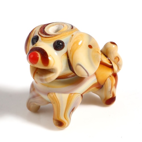Picture of Lampwork Glass Beads Dog Animal Brown Yellow About 23mm x 20mm - 21mm x 19mm, Hole: Approx 2.4mm-1.6mm, 1 Piece