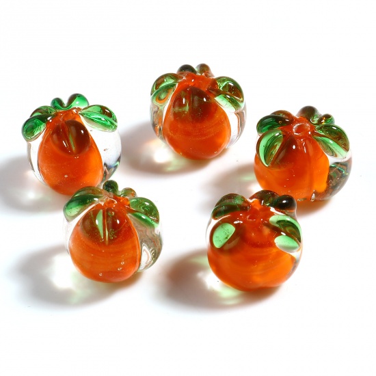 Picture of Lampwork Glass Beads Persimmon Green & Orange About 13mm x 11mm, Hole: Approx 1.7mm, 10 PCs