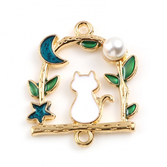 Picture of Zinc Based Alloy Connectors Arched Gold Plated Blue & Green Cat Enamel Imitation Pearl 27mm x 23mm, 10 PCs