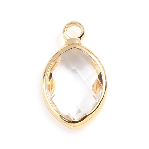 Immagine di Ottone + Vetro Pietre Nascita Charms Olive Oro Placcato Trasparente Aprile 16mm x 10mm, 5 Pz