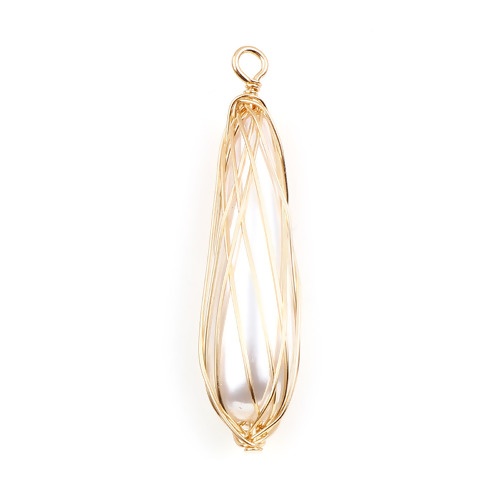 Picture of Brass & Acrylic Wire Wrapped Pendants Gold Plated White Drop Rhombus Imitation Pearl 4cm x 1cm, 2 PCs                                                                                                                                                         