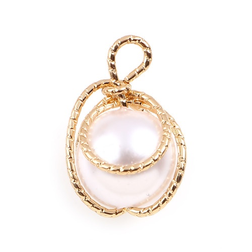 Picture of Brass & Acrylic Wire Wrapped Charms Gold Plated White Round Imitation Pearl 18mm x 16mm - 16mm x 12mm, 2 PCs                                                                                                                                                  
