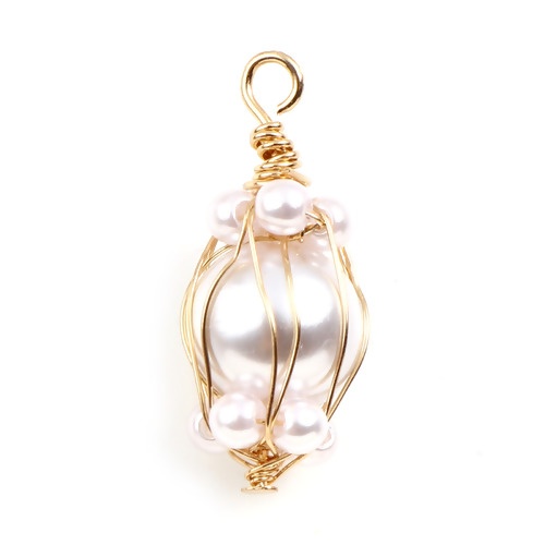 Picture of Brass & Acrylic Wire Wrapped Charms Gold Plated White Barrel Imitation Pearl 24mm x 10mm, 2 PCs                                                                                                                                                               