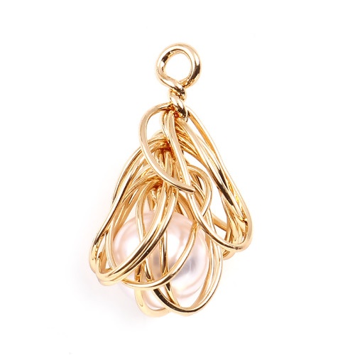 Picture of Brass & Acrylic Wire Wrapped Charms Gold Plated White Bulb Imitation Pearl 22mm x 12mm, 2 PCs                                                                                                                                                                 