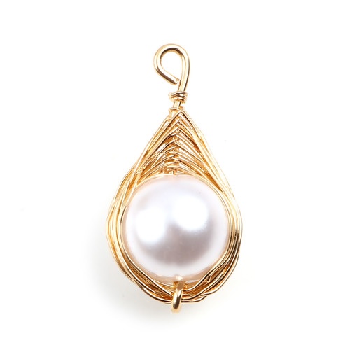 Picture of Brass & Acrylic Wire Wrapped Charms Gold Plated White Drop Imitation Pearl 23mm x 12mm, 2 PCs                                                                                                                                                                 