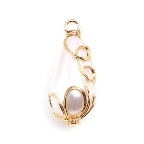 Picture of Brass & Acrylic Wire Wrapped Charms Gold Plated White Drop Imitation Pearl 25mm x 11mm, 2 PCs                                                                                                                                                                 