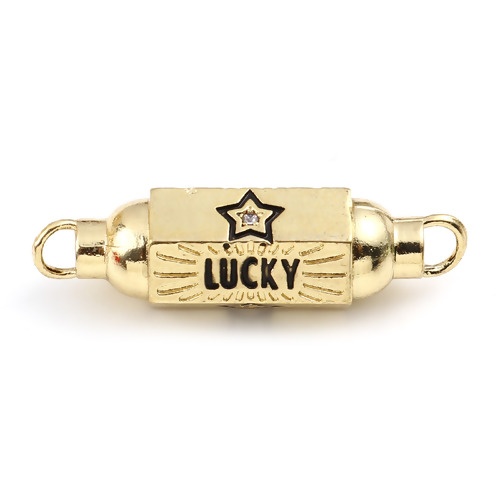 Picture of Brass Positive Quotes Energy Connectors Hexagonal Prism Gold Plated Black Pentagram Star Message " Lucky " Enamel Clear Rhinestone 35mm x 11mm, 1 Piece                                                                                                       